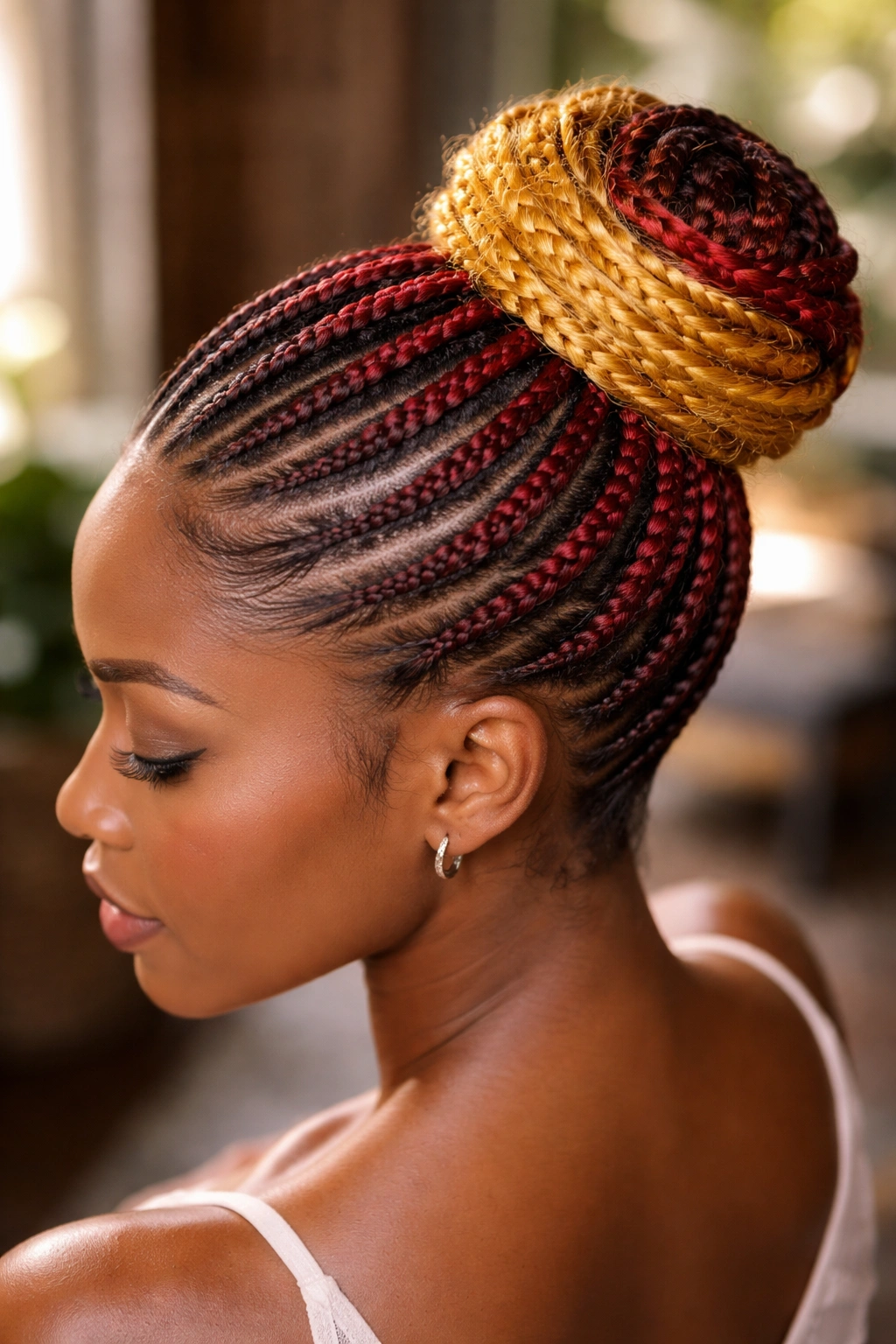 Red ombre cornrow bun transitioning to gold with a gold halo