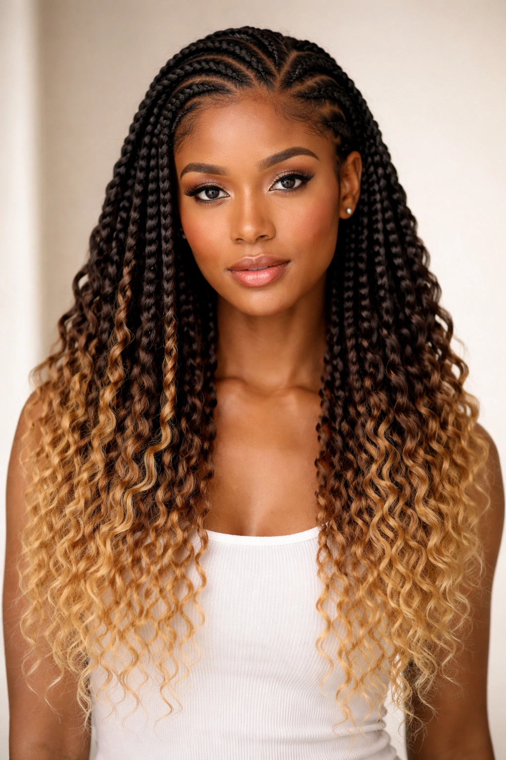 Ombré crochet hair cornrows with dark roots fading to lighter ends