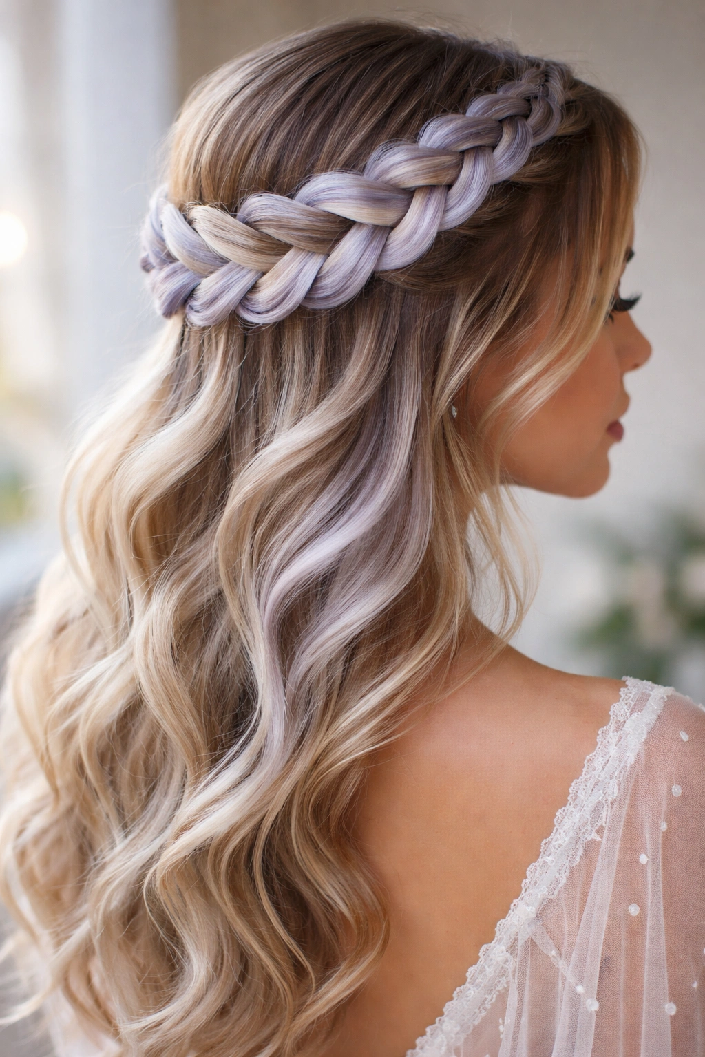 Crown braid with pastel ombre color in the braid