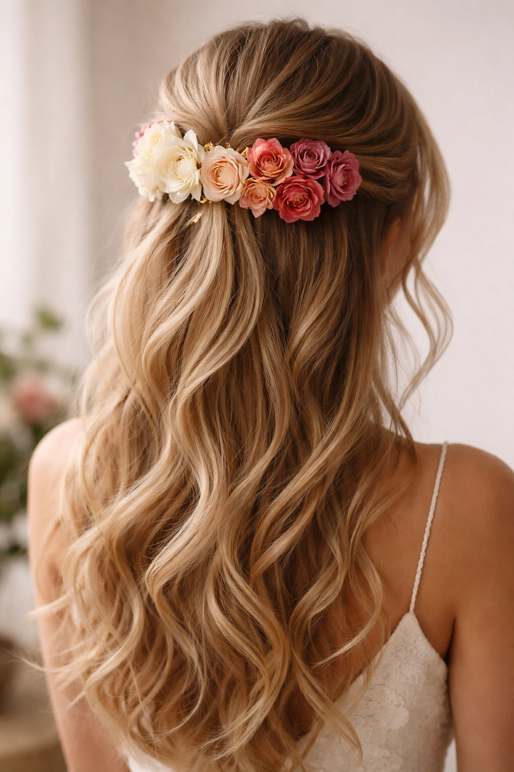 Flowers in a color gradient from light to dark arranged in a half-up hairstyle
