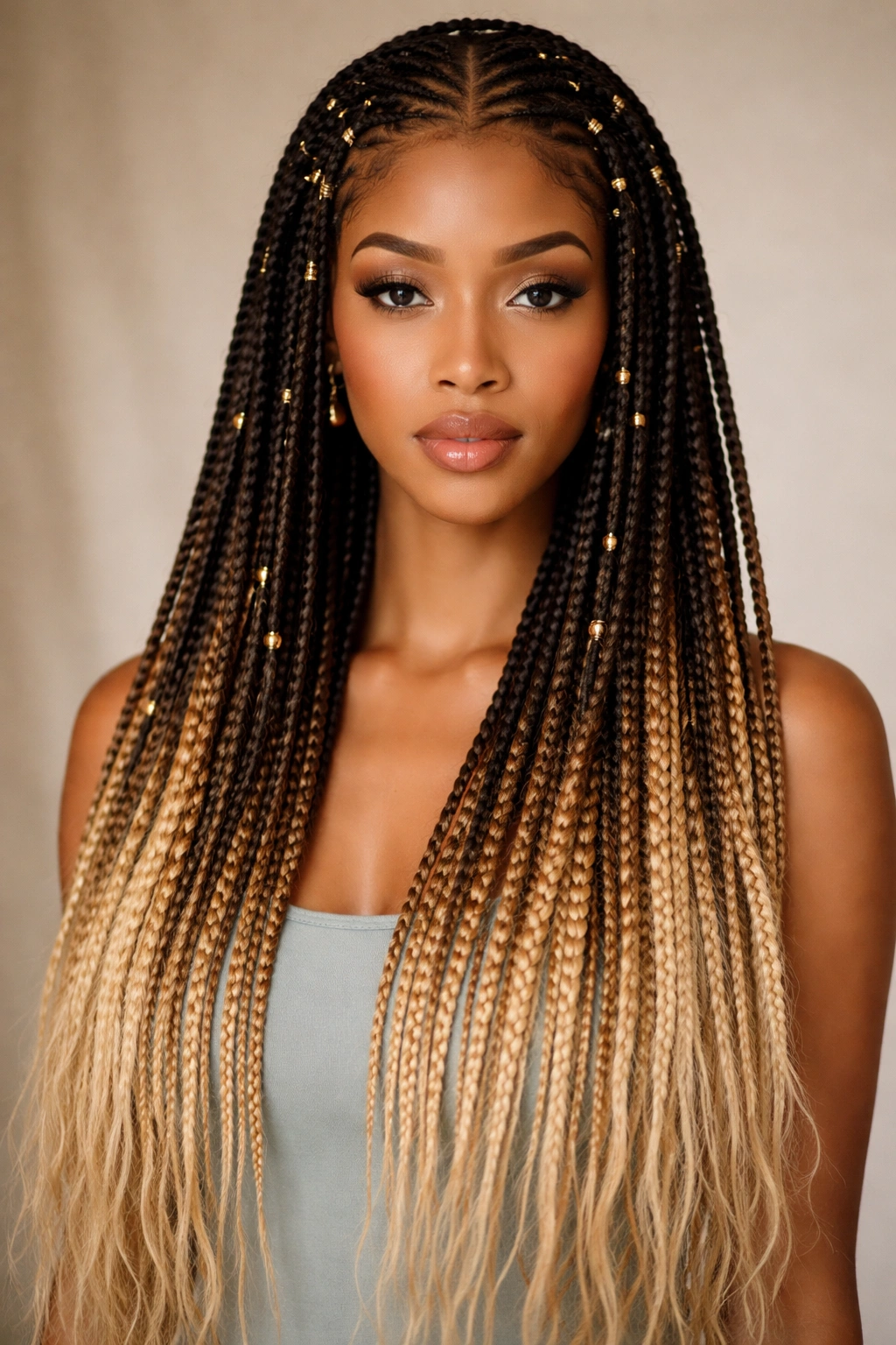 Fulani braids with ombré gradient from dark roots to light ends