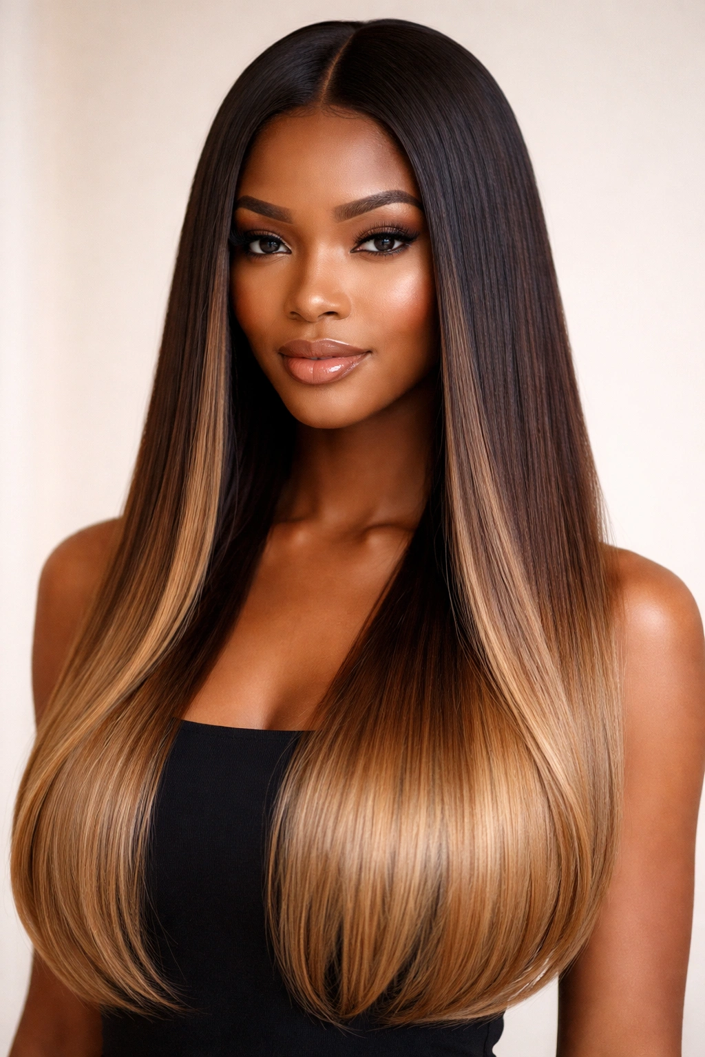 Close-up of straight hair showing a subtle ombre from dark roots to lighter ends