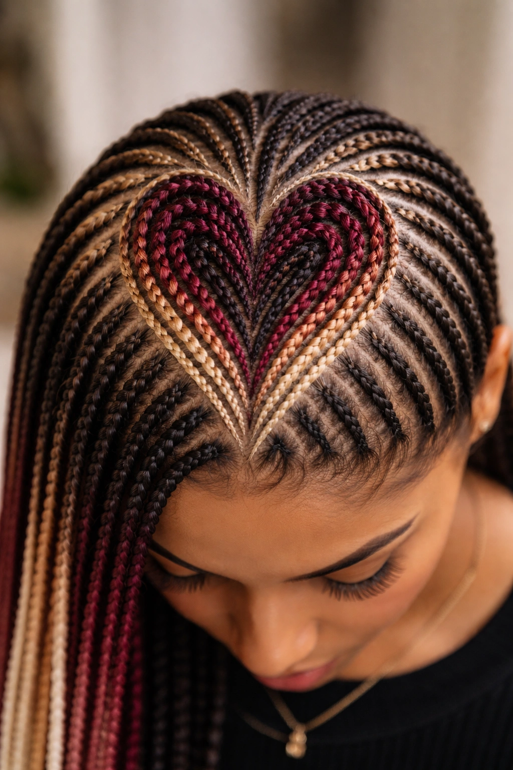 Close-up of ombre heart cornrows forming a crown with gradient braids
