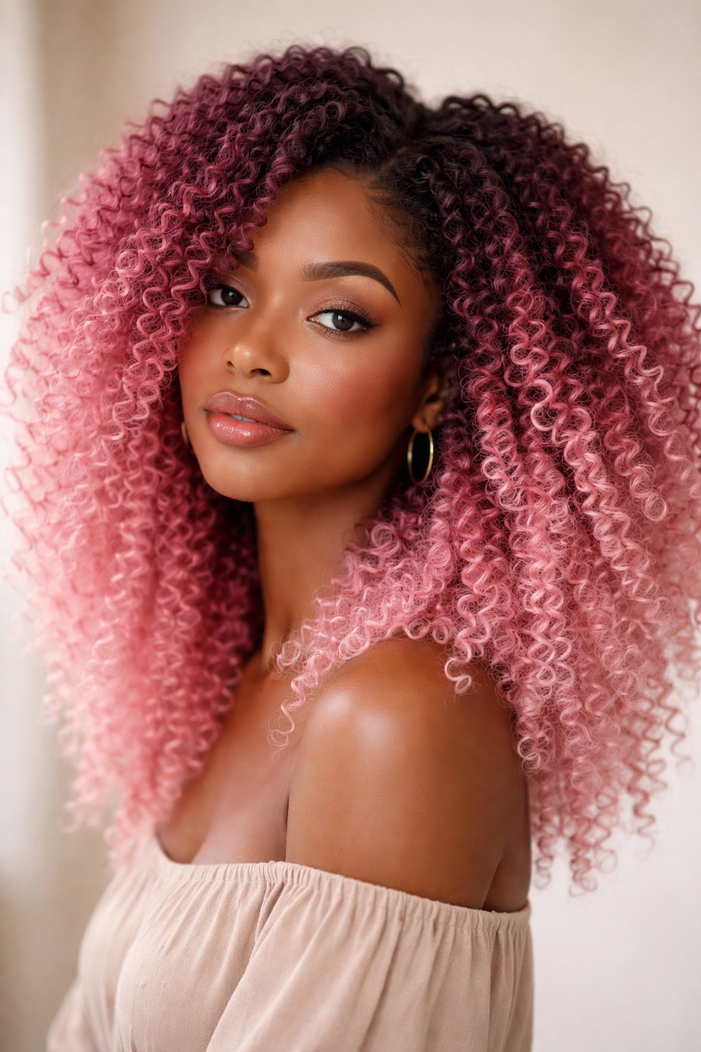 Coily hair with ombre pink gradient from dark roots to light ends.
