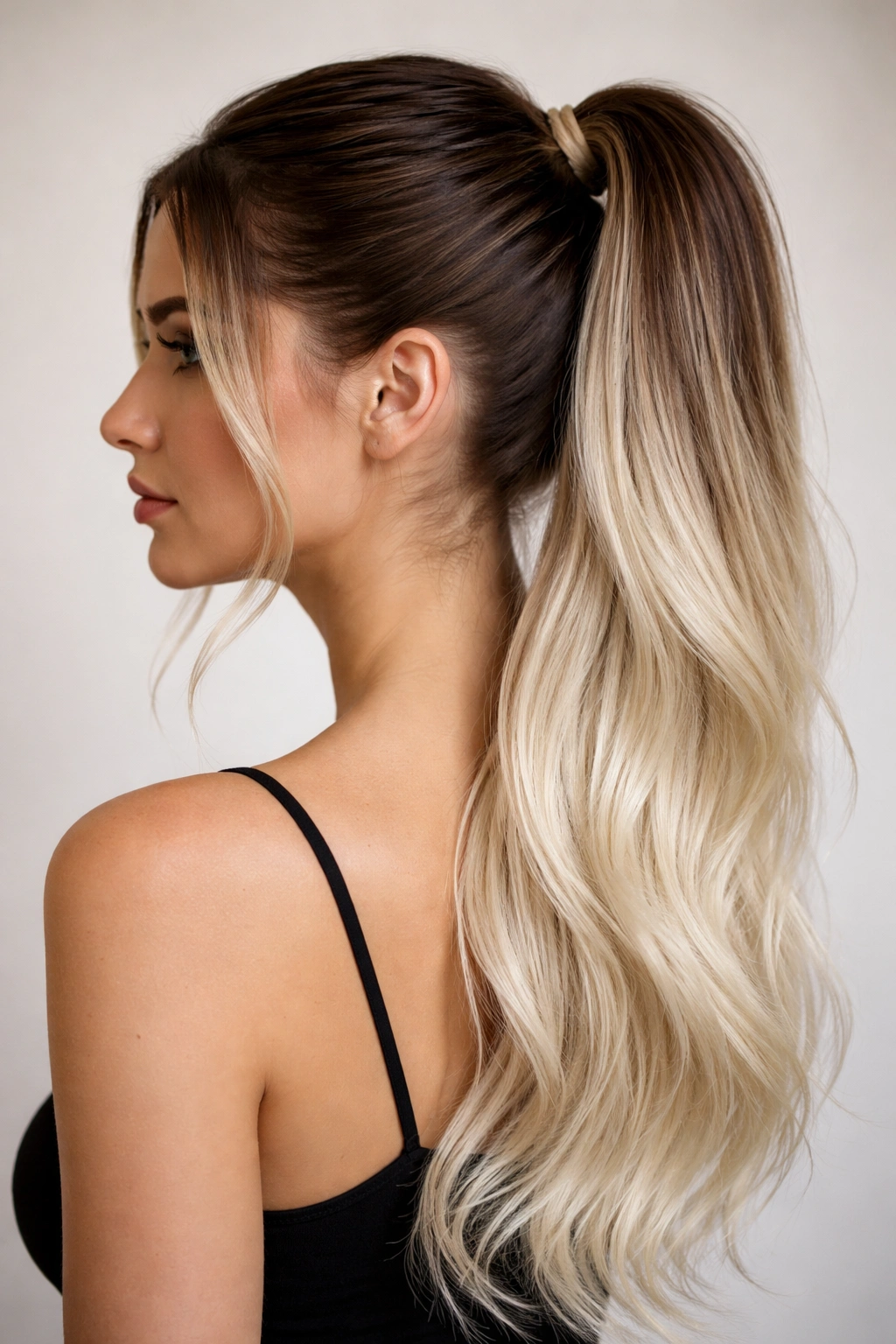 Ombre ponytail with deep roots and platinum ends gradient