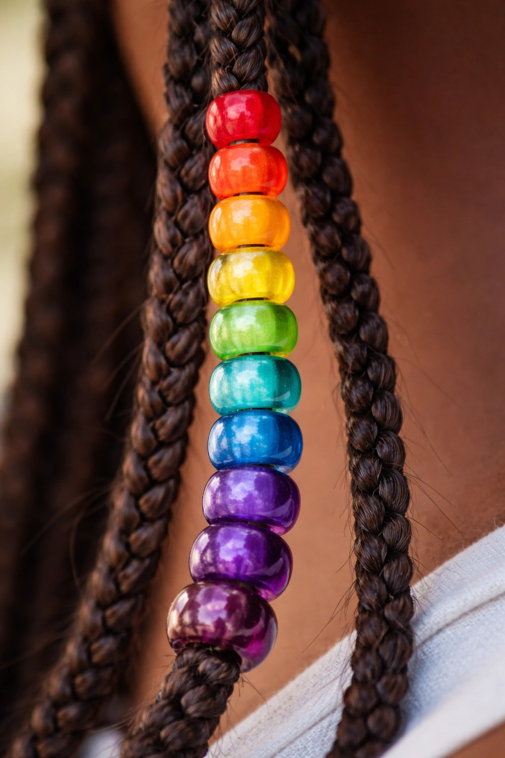 Rainbow ombre beads on a Fulani braid.