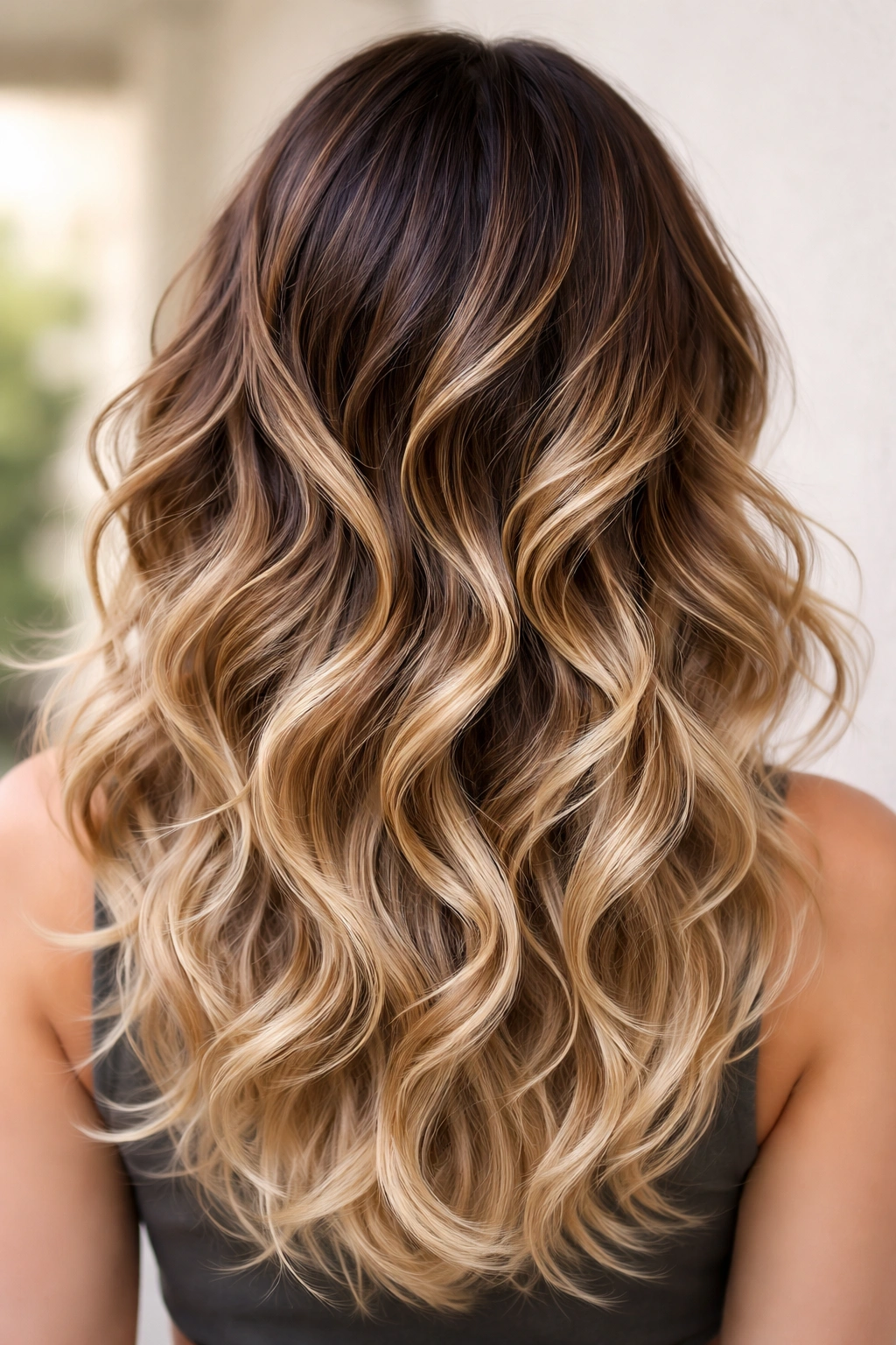 Octopus cut with dark roots and lighter ombre ends in graceful waves.