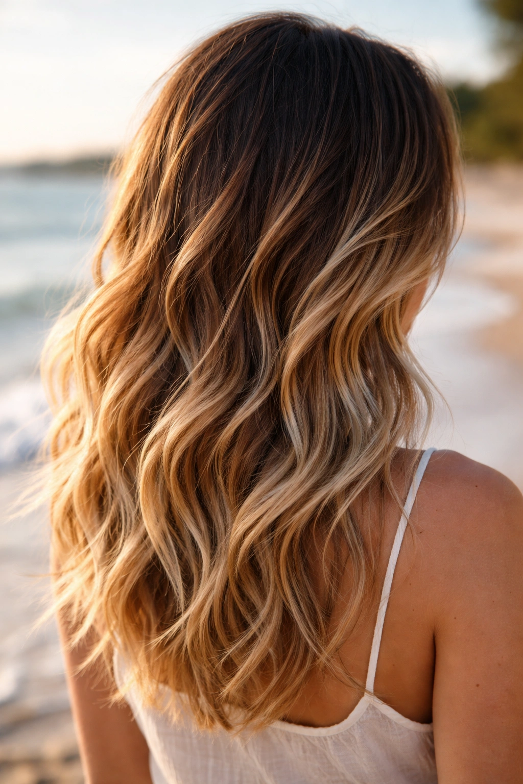 Ombré waves with darker roots and layered ends on beach model hair