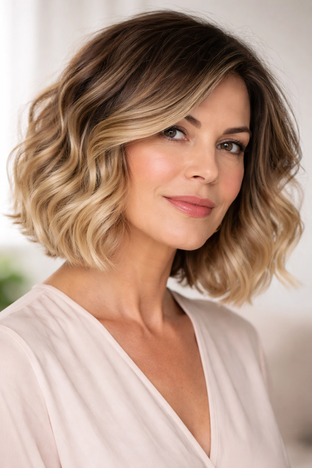 Wavy ombré bob with dark roots fading to lighter ends