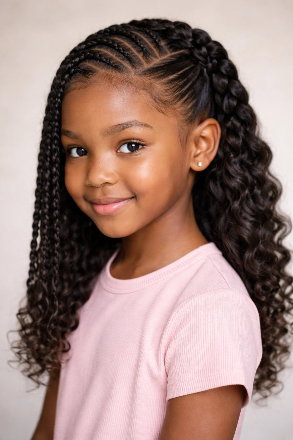 Child's head showing a single cornrow on one side and a twisted opposite side converging at the crown