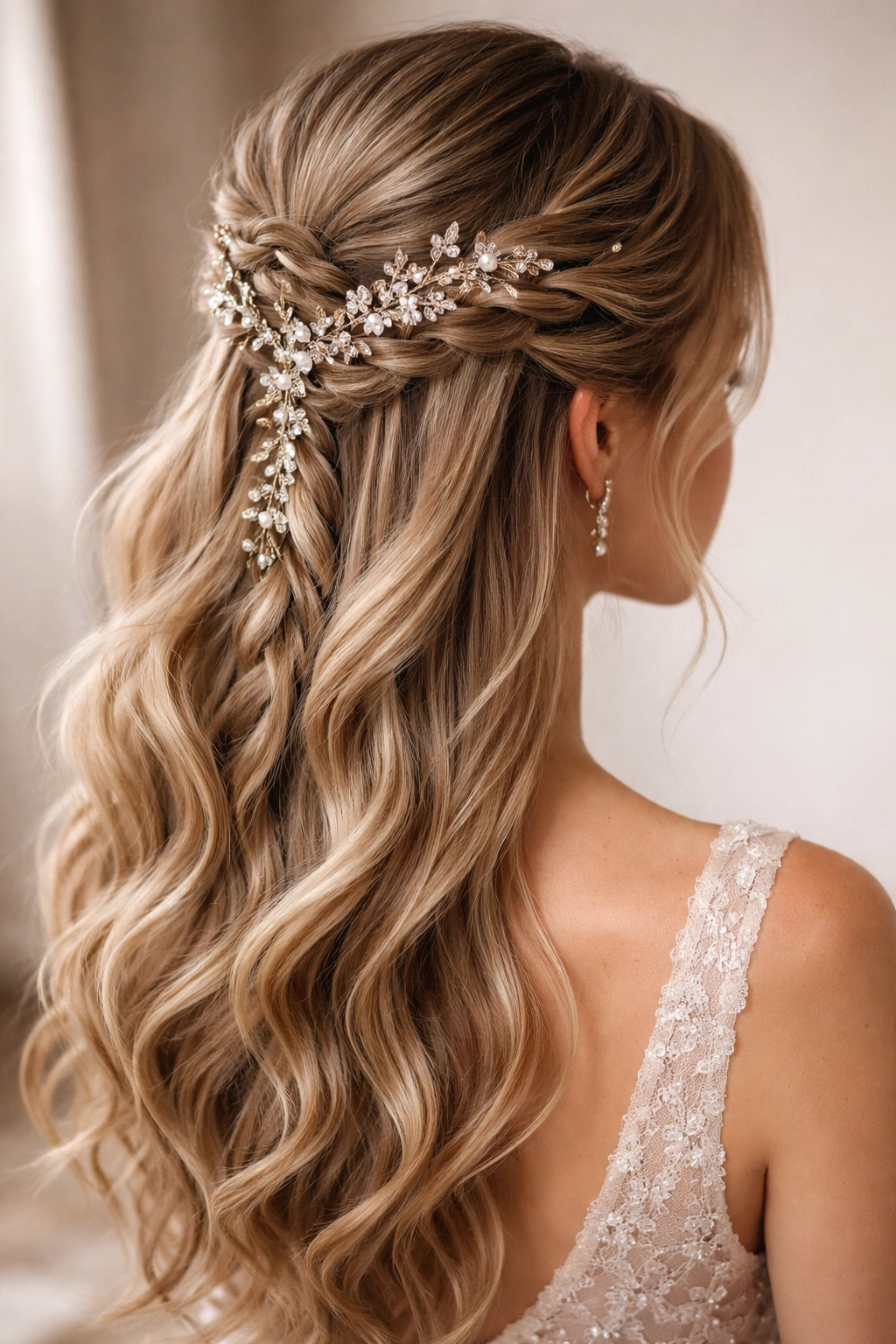 Close-up of ornate braided half-up with delicate accessories woven into the braid.