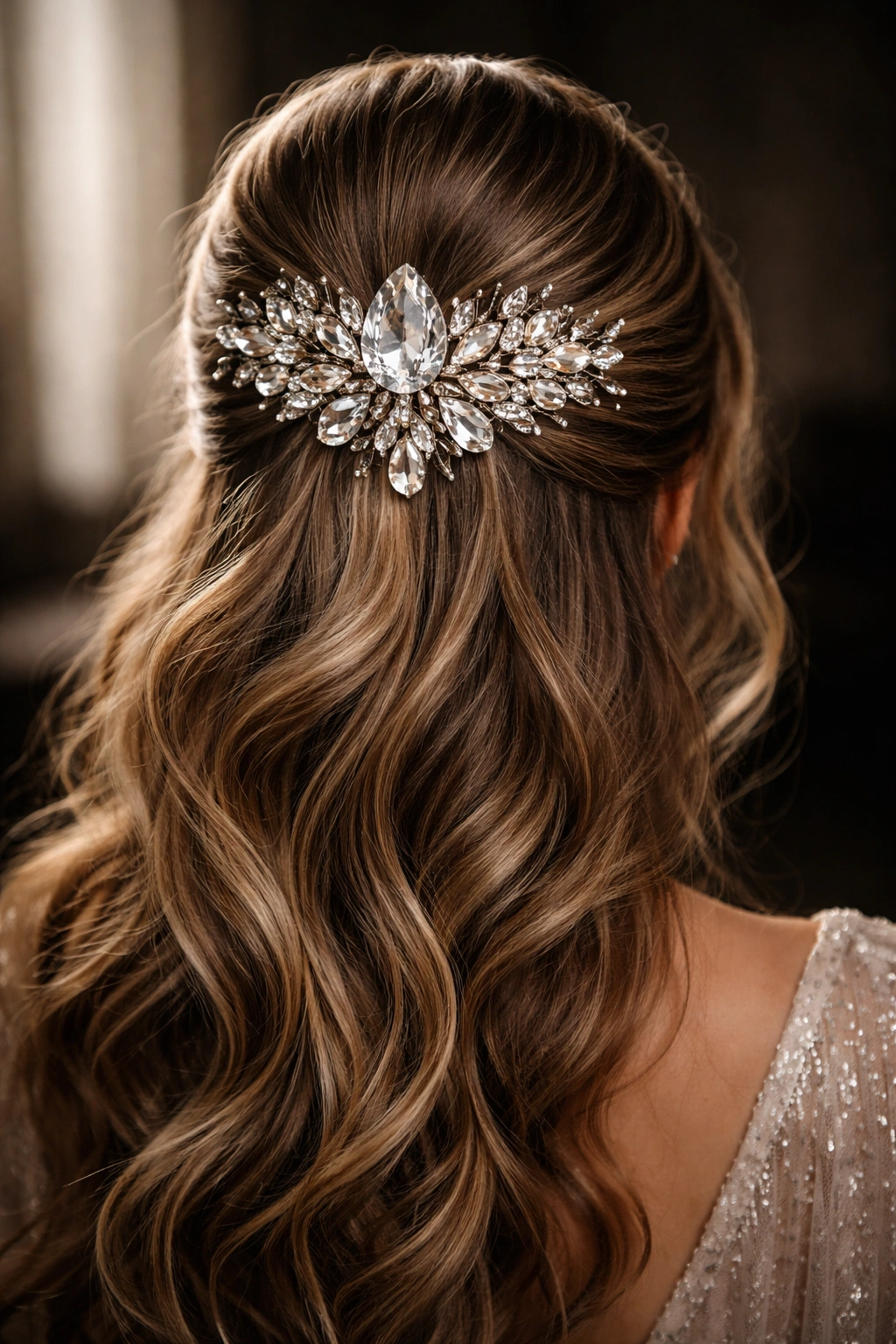 Close-up of a half-up hairstyle with oversized jeweled clips and large gemstones
