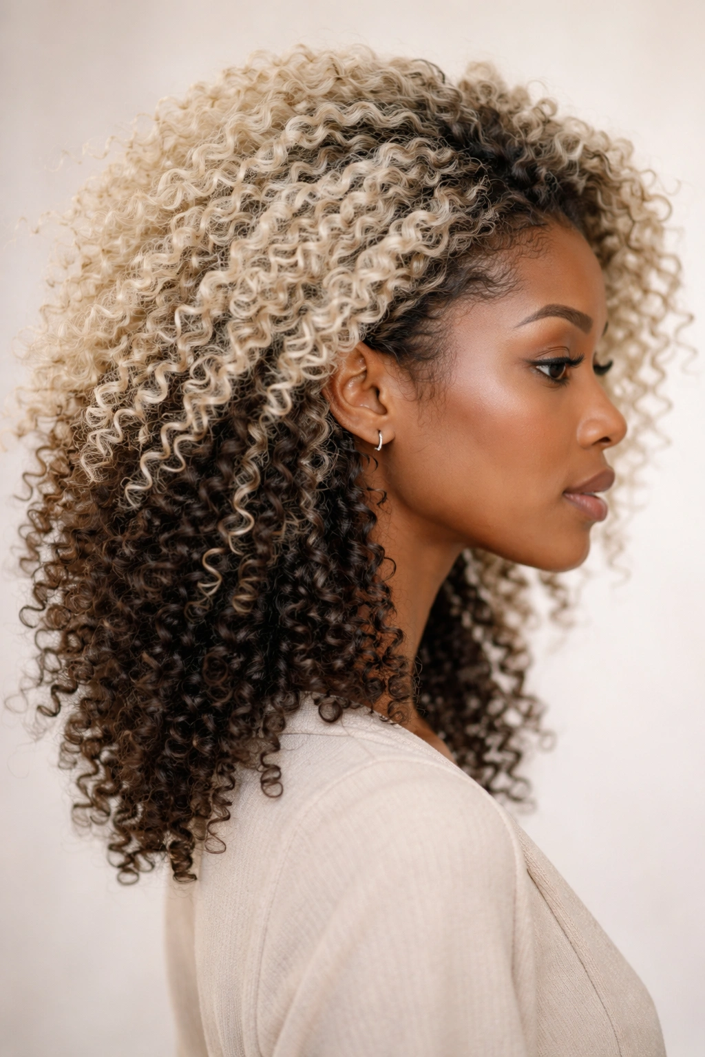 Side profile of coily hair with pale blonde on top and darker underlayer