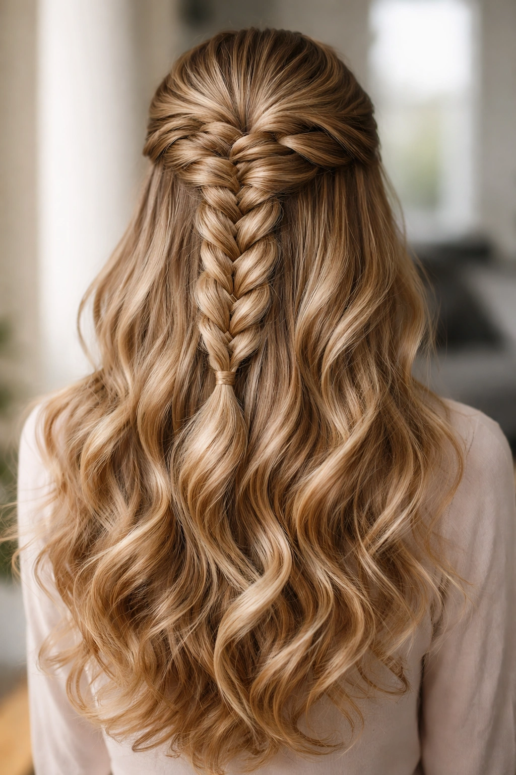Back view of a long hair pancake braid half up with fluffy, voluminous sections.