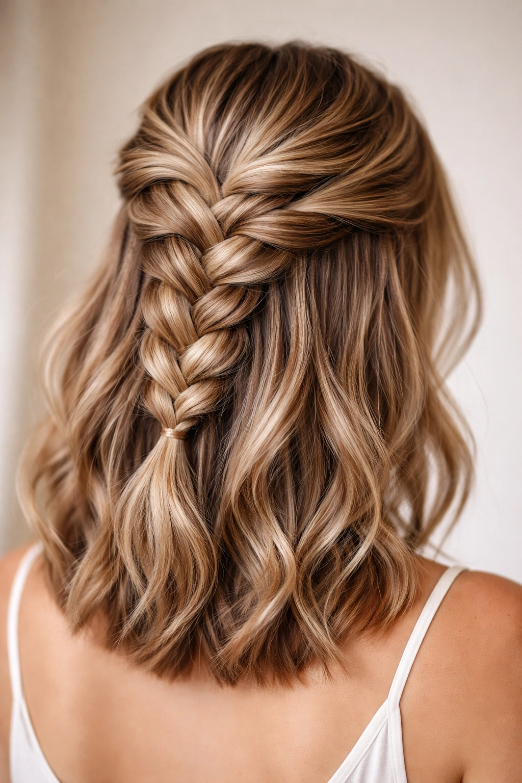 Close-up of pancake braided half-up hairstyle on shoulder-length hair