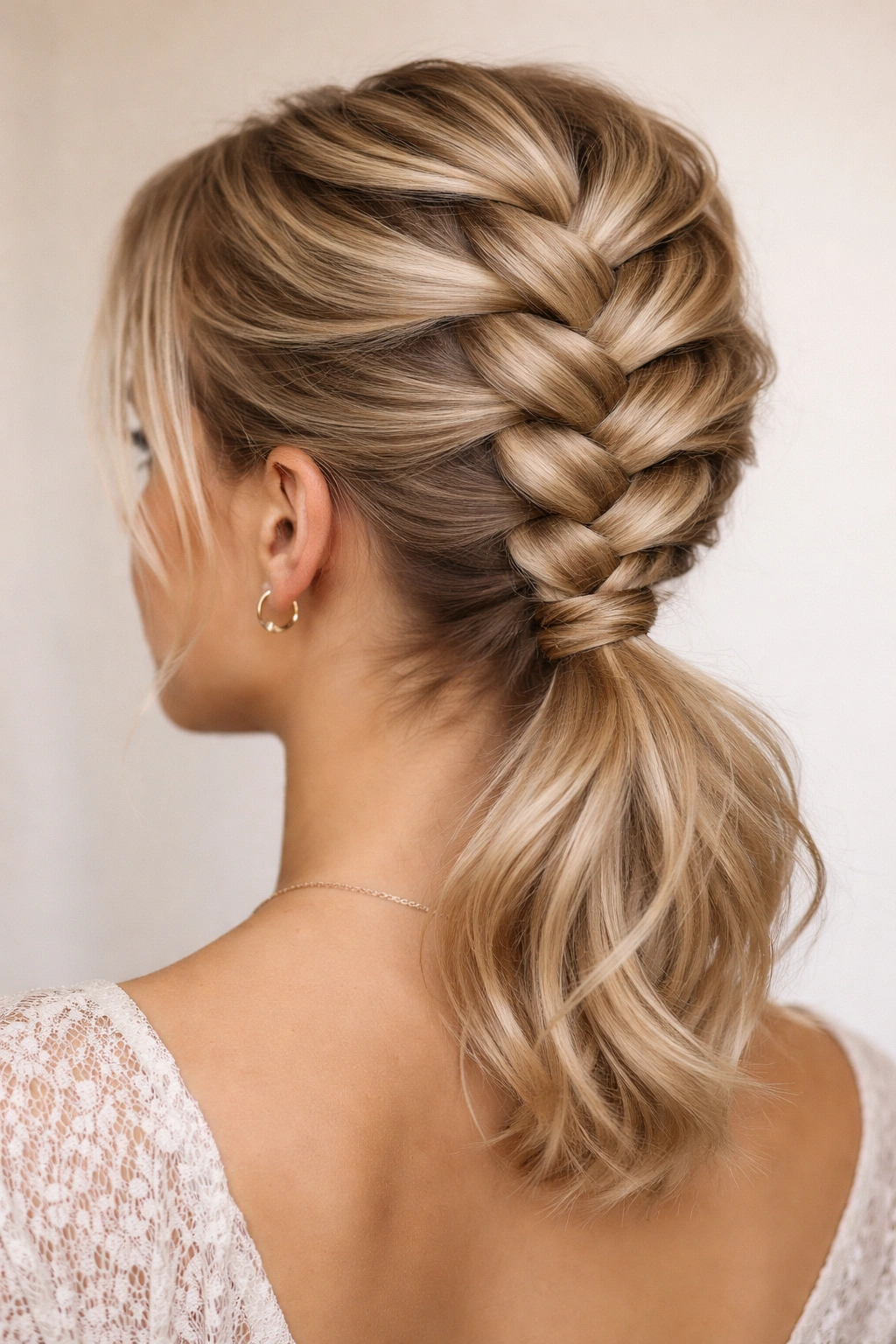 Pancaked braid with voluminous loops forming a ponytail on short hair
