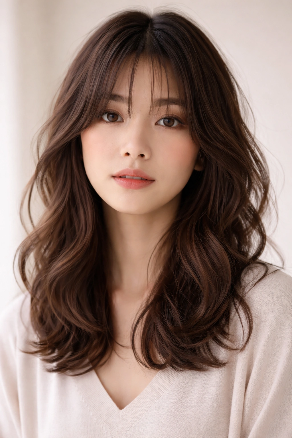 Parted bangs with choppy waves on shoulder-length hair