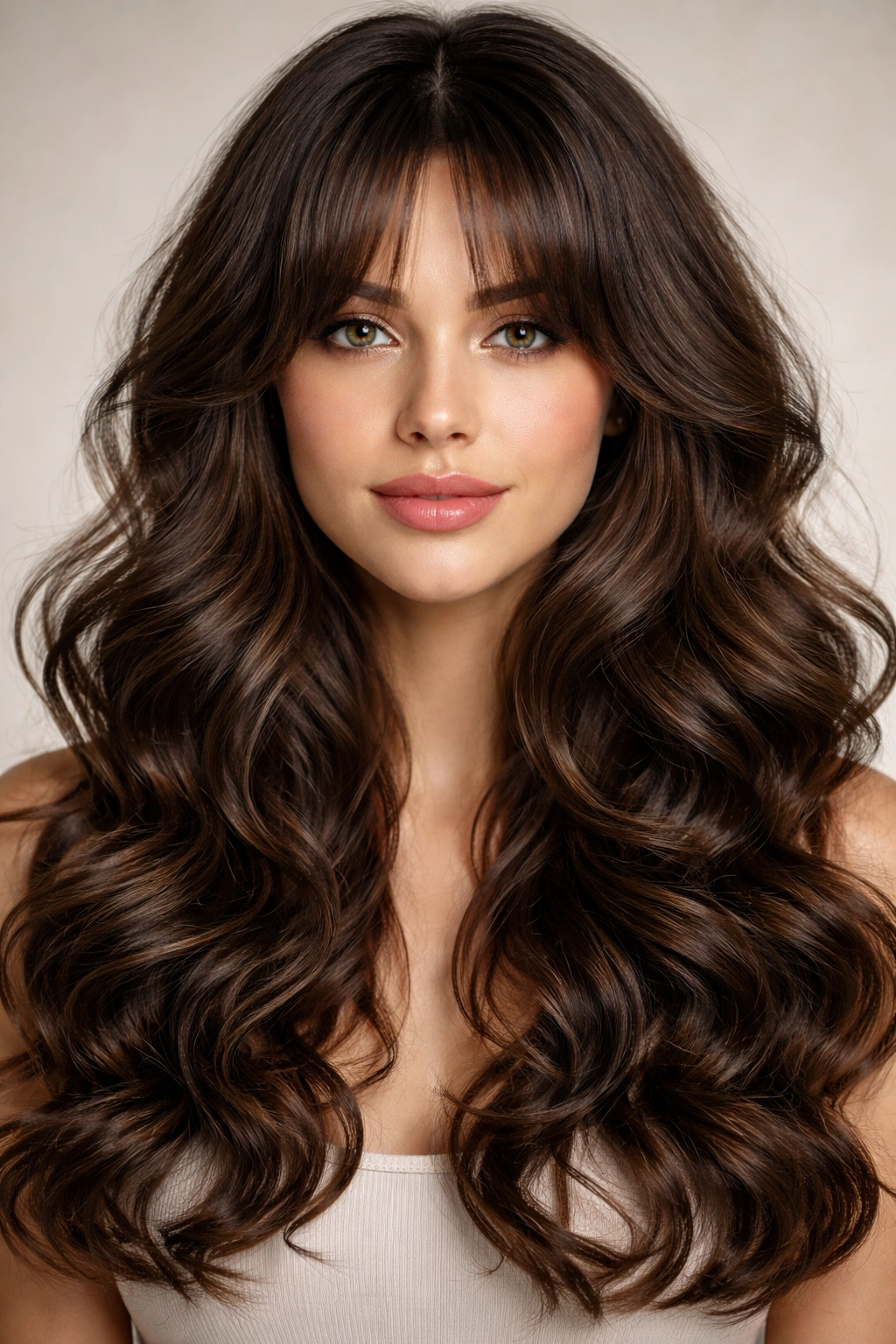 Close-up portrait showing parted bangs with voluminous curls.