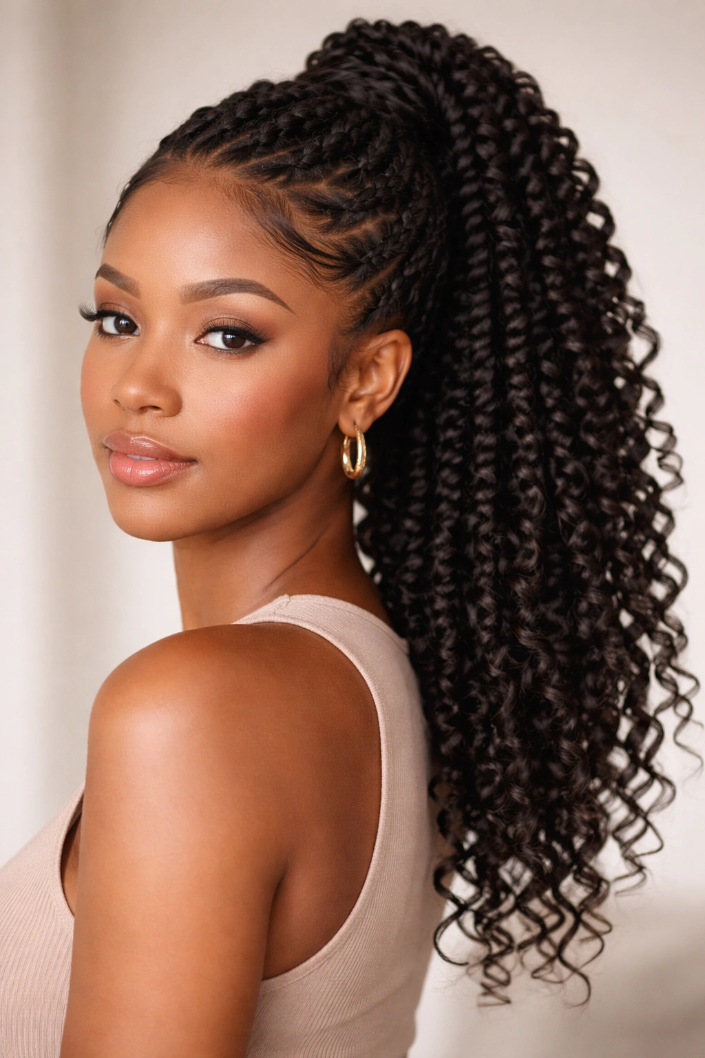 Close-up of a passion twist crochet ponytail with spiral twists and flowing ponytail hairstyle