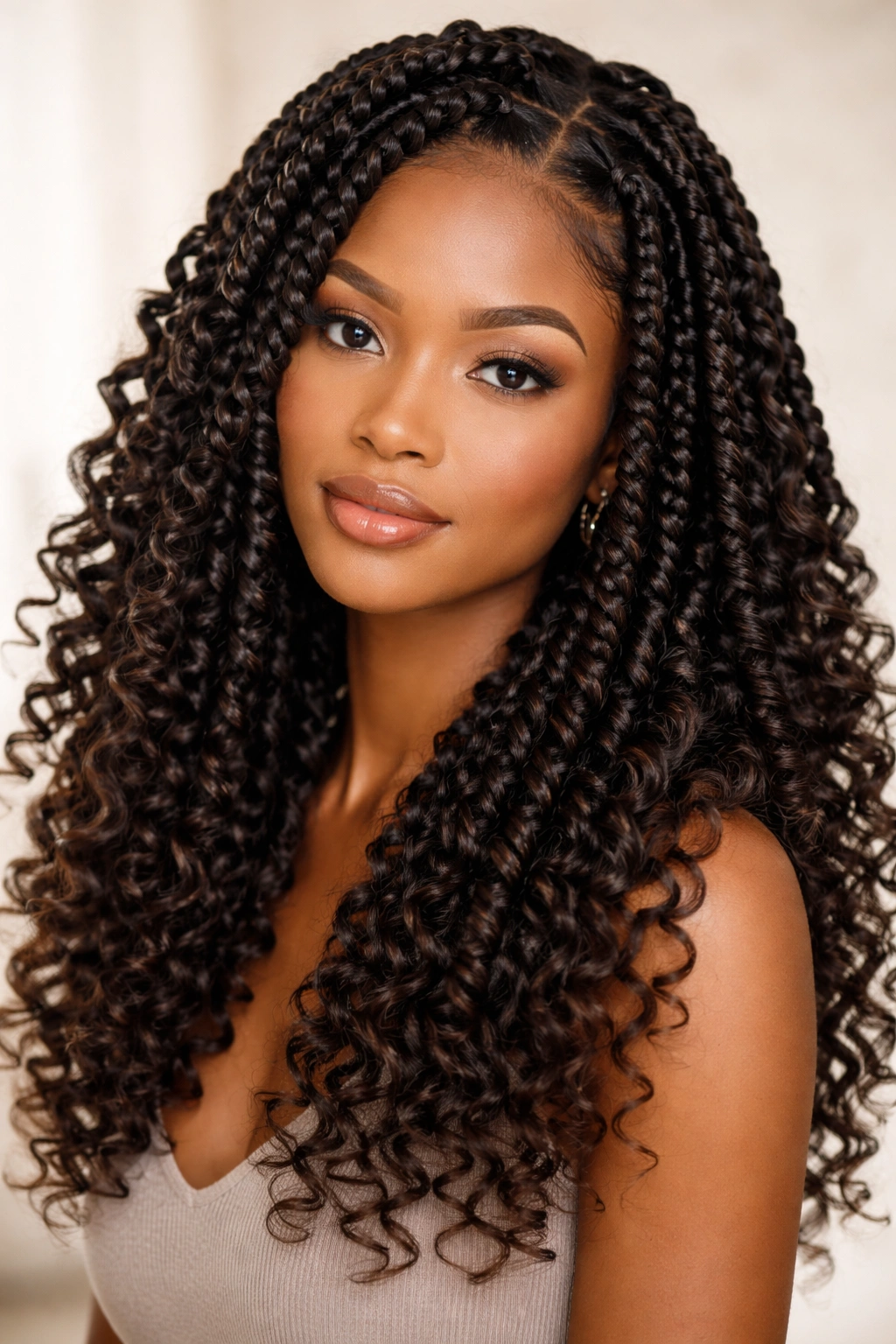 Close-up of passion twists with curly extensions and wavy hair
