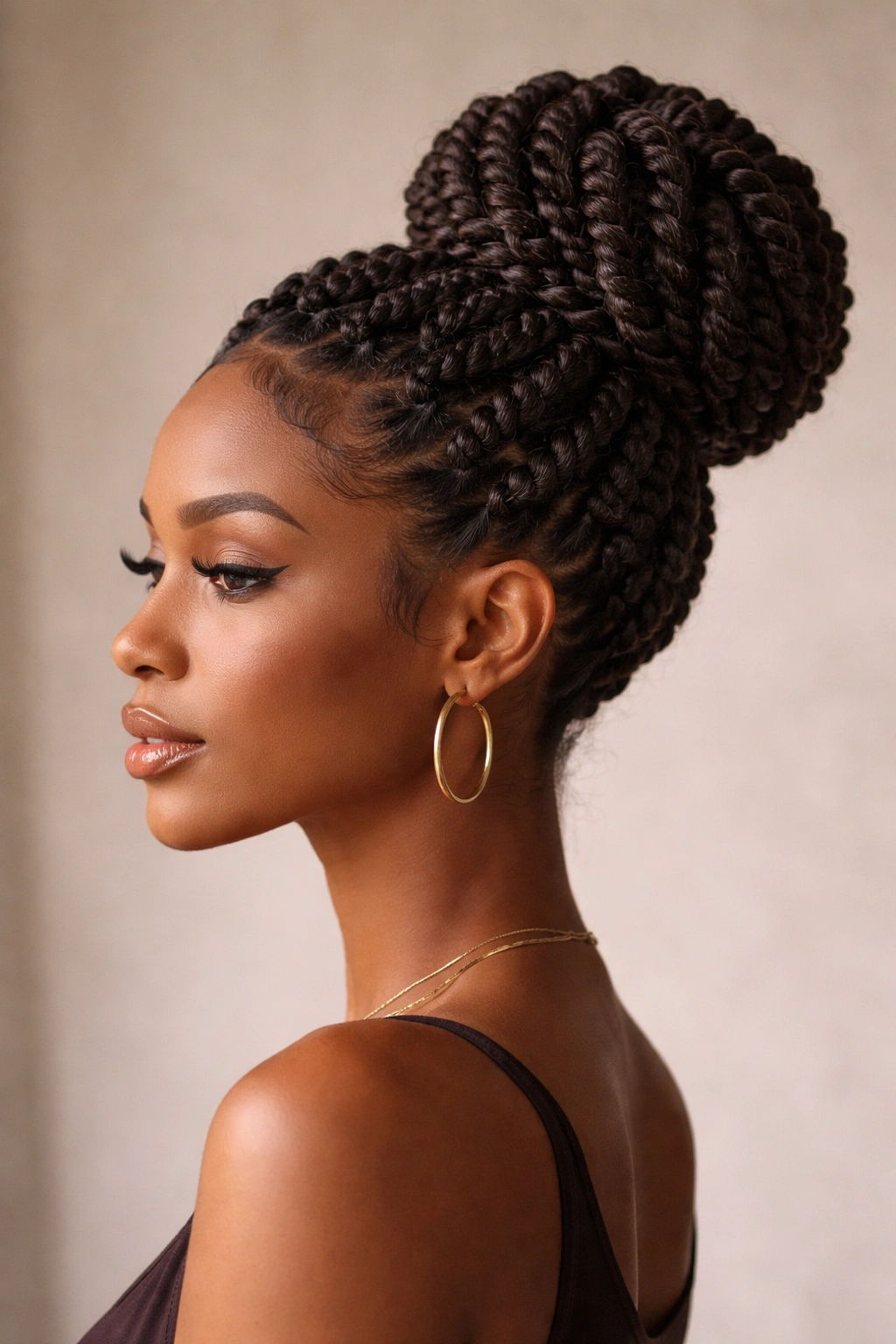 Close-up of a Black woman with passion twists formed into a voluminous bun