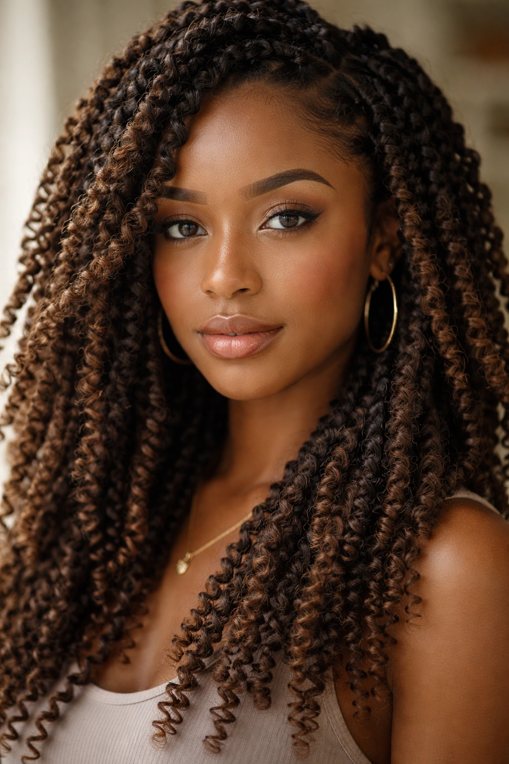 Passion twists on coily hair showing loose wrap and texture