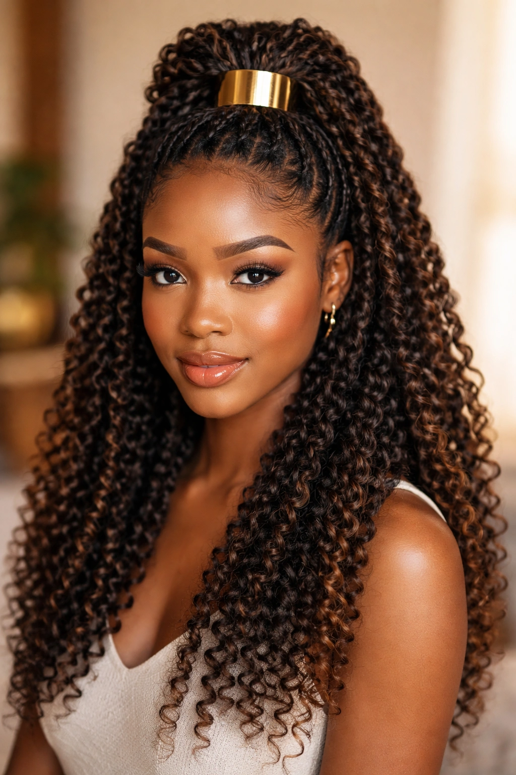 Passion twists half-up with gold cuff highlighting textured curls