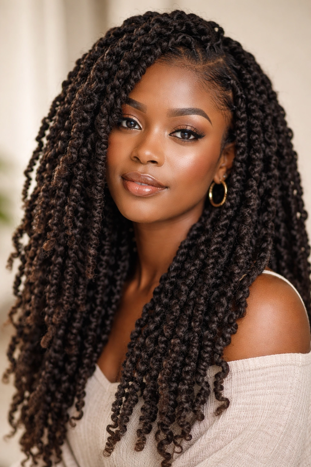 Close-up of passion twists with yarn wrapping on 4C hair