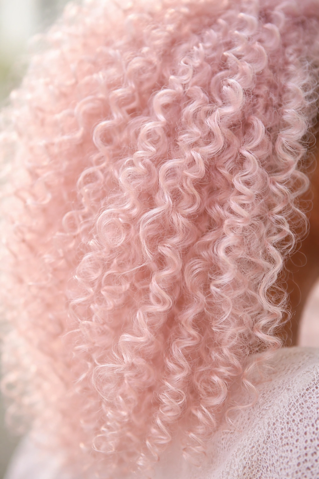 Coily hair in pastel baby pink with soft glow