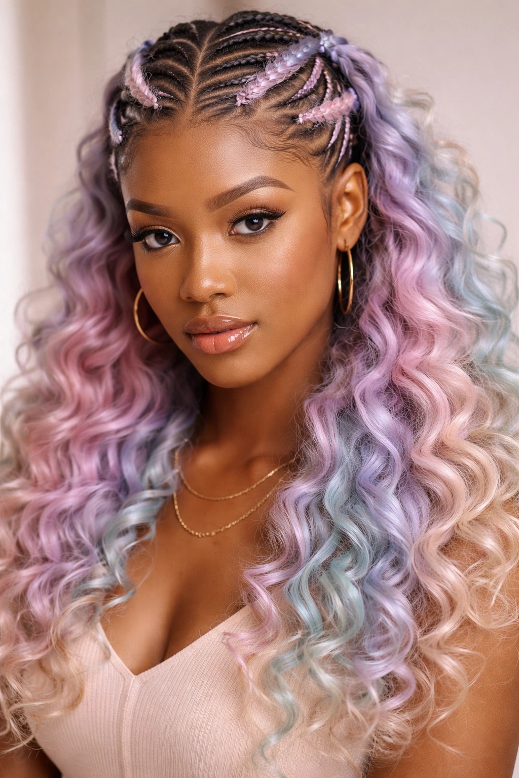 Pastel-dyed butterfly cornrows with bouncy curls close-up