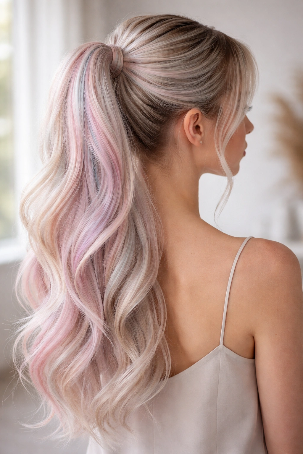 Ponytail with pastel pink and lavender highlights on light blonde base