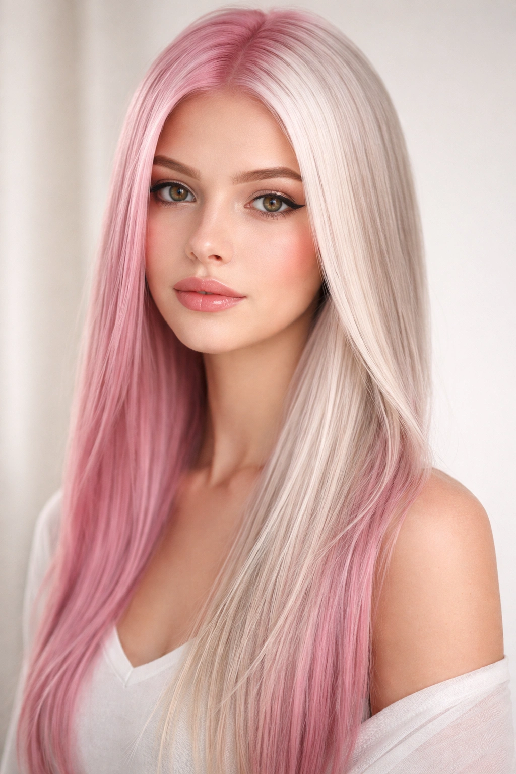 Close-up of straight hair with pastel pink and platinum blonde skunk stripe showing high-contrast color.