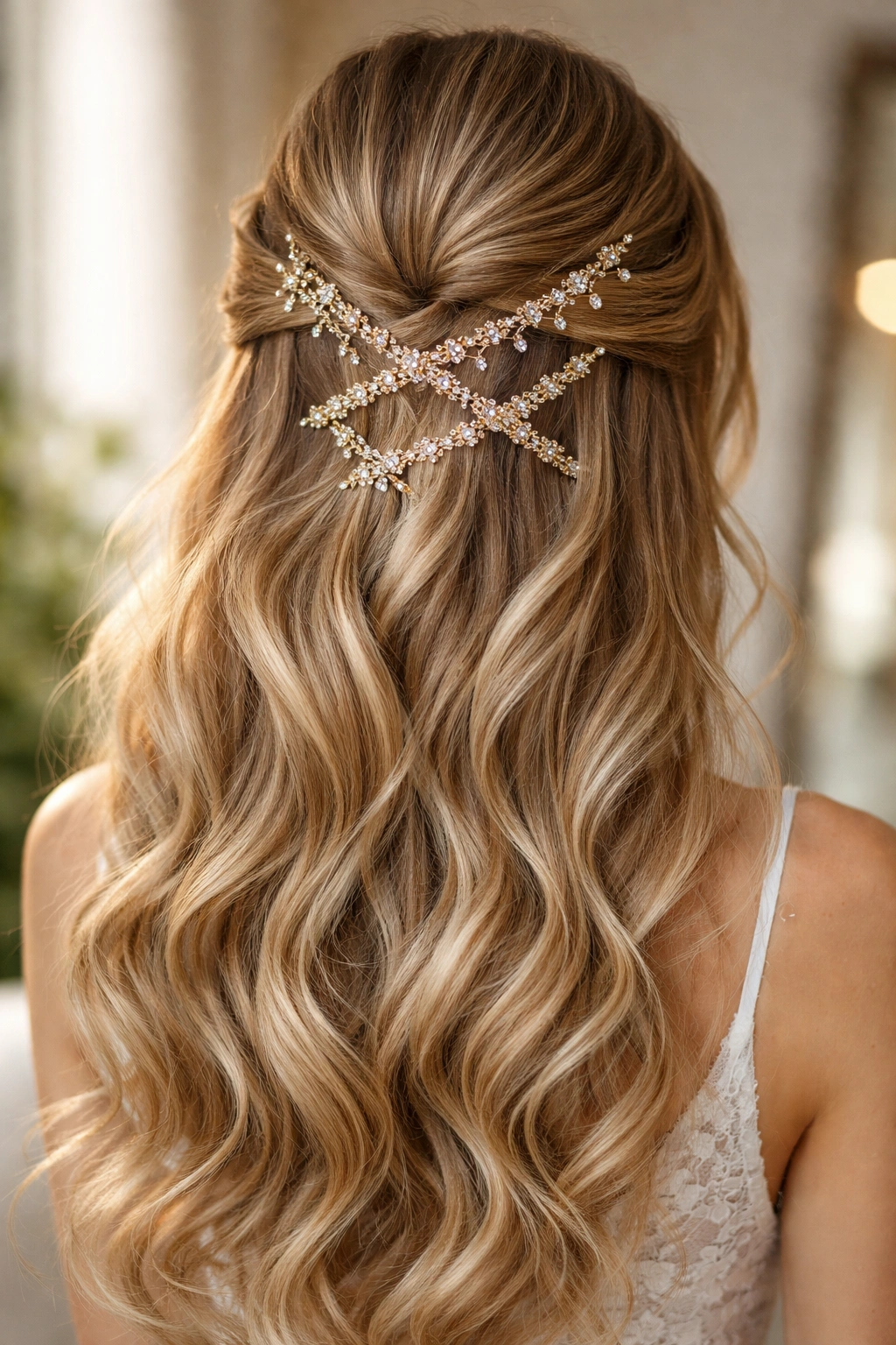Back view of textured half-up with jeweled bobby pins arranged in a pattern