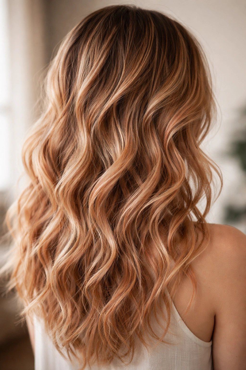 Close-up of tousled peachy balayage waves with warm tones
