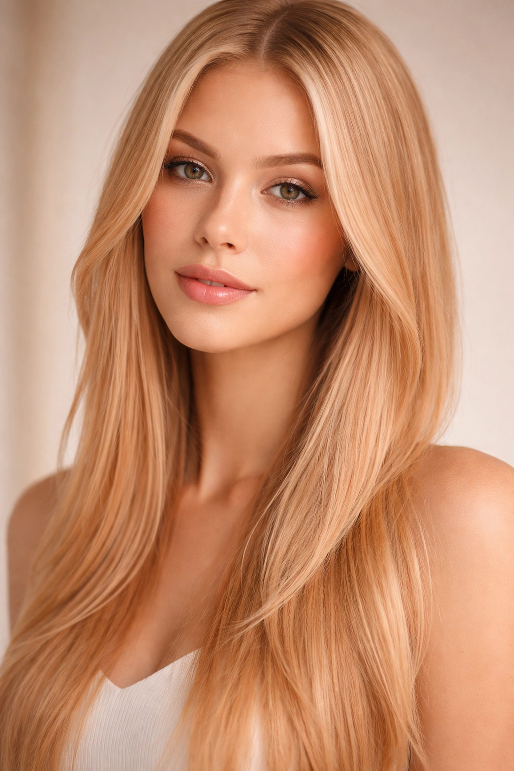 Peachy blonde straight hair with rosy undertones and soft glow