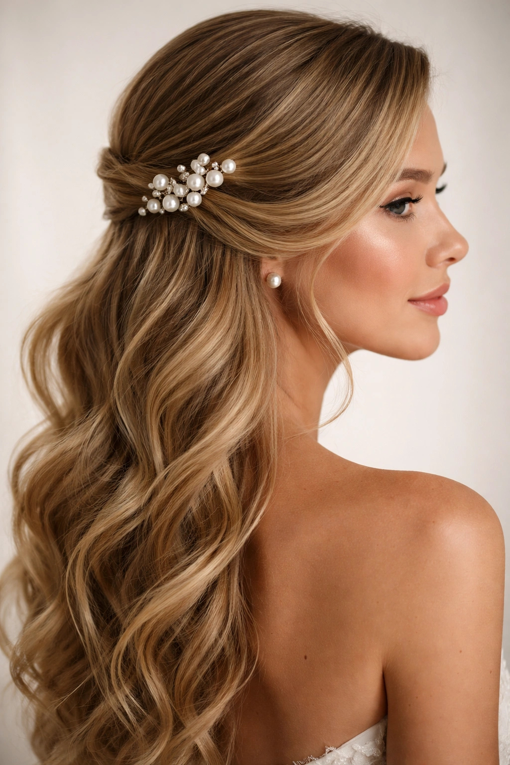 Side-swept half-up hairstyle with asymmetrical pearl cluster