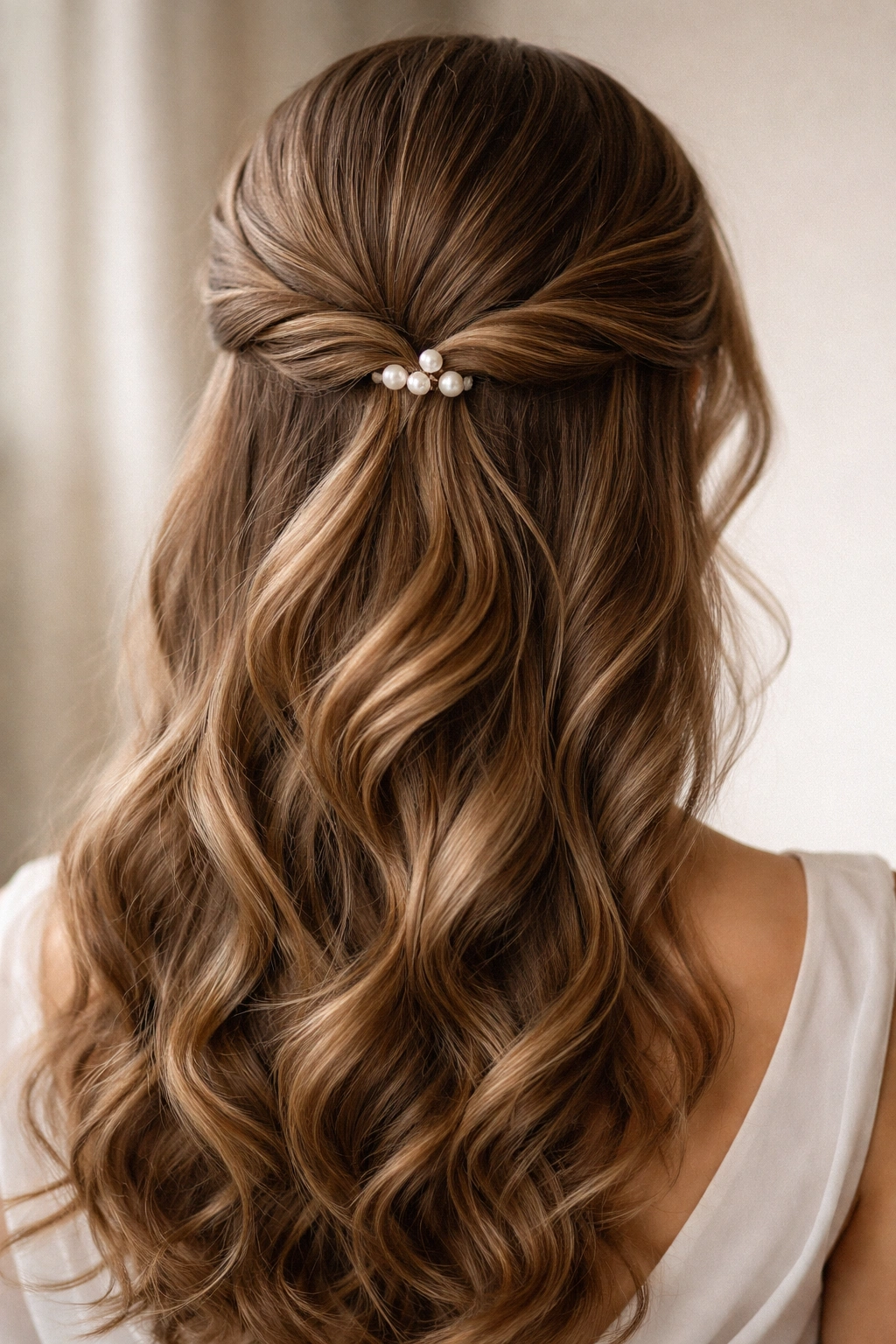 Close-up of Classic Twisted Half-Up with Pearl Accents hairstyle
