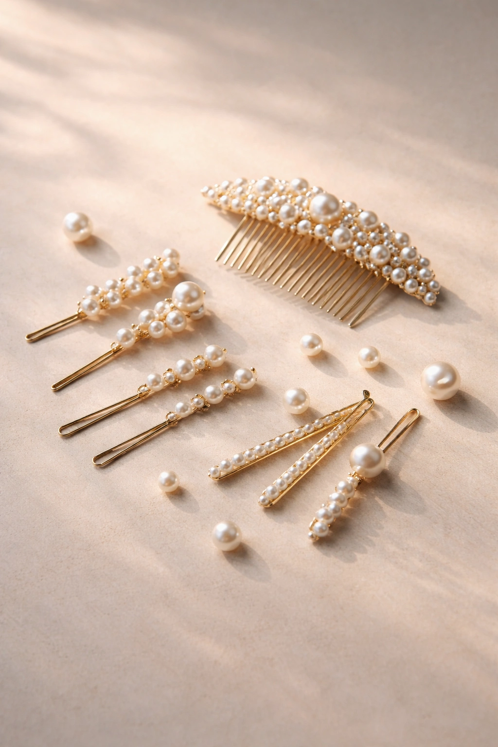 Minimalist still life of pearl jewelry and pins arranged on a clean surface.