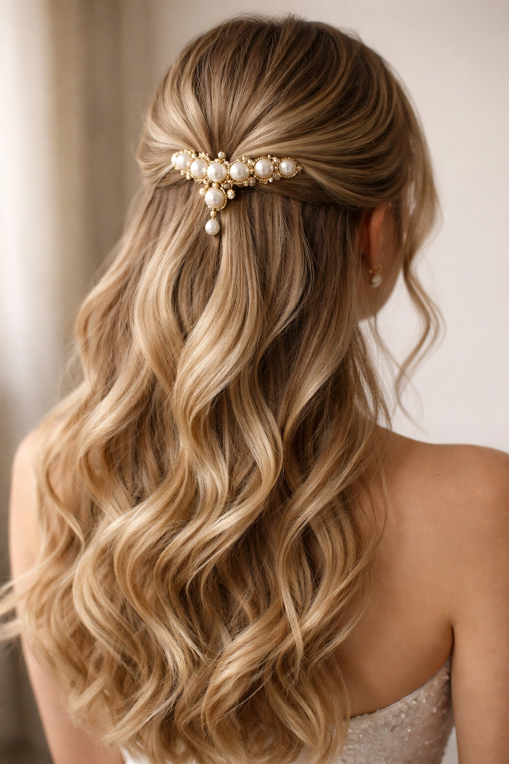 Close-up of Pearl-Adorned Half Ponytail with pearl accessories