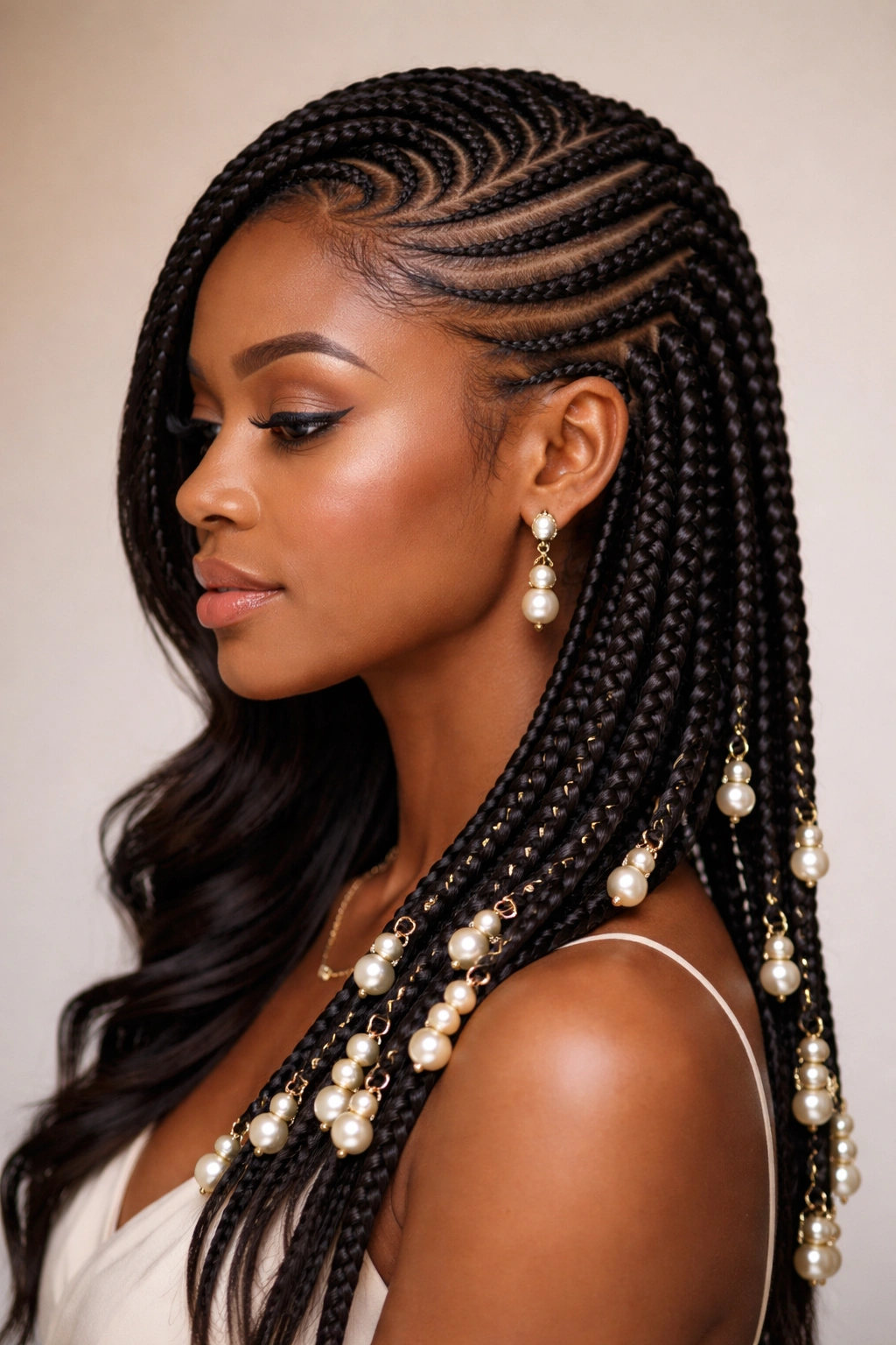 Side profile of side-swept layered cornrows with pearl beads along each row.