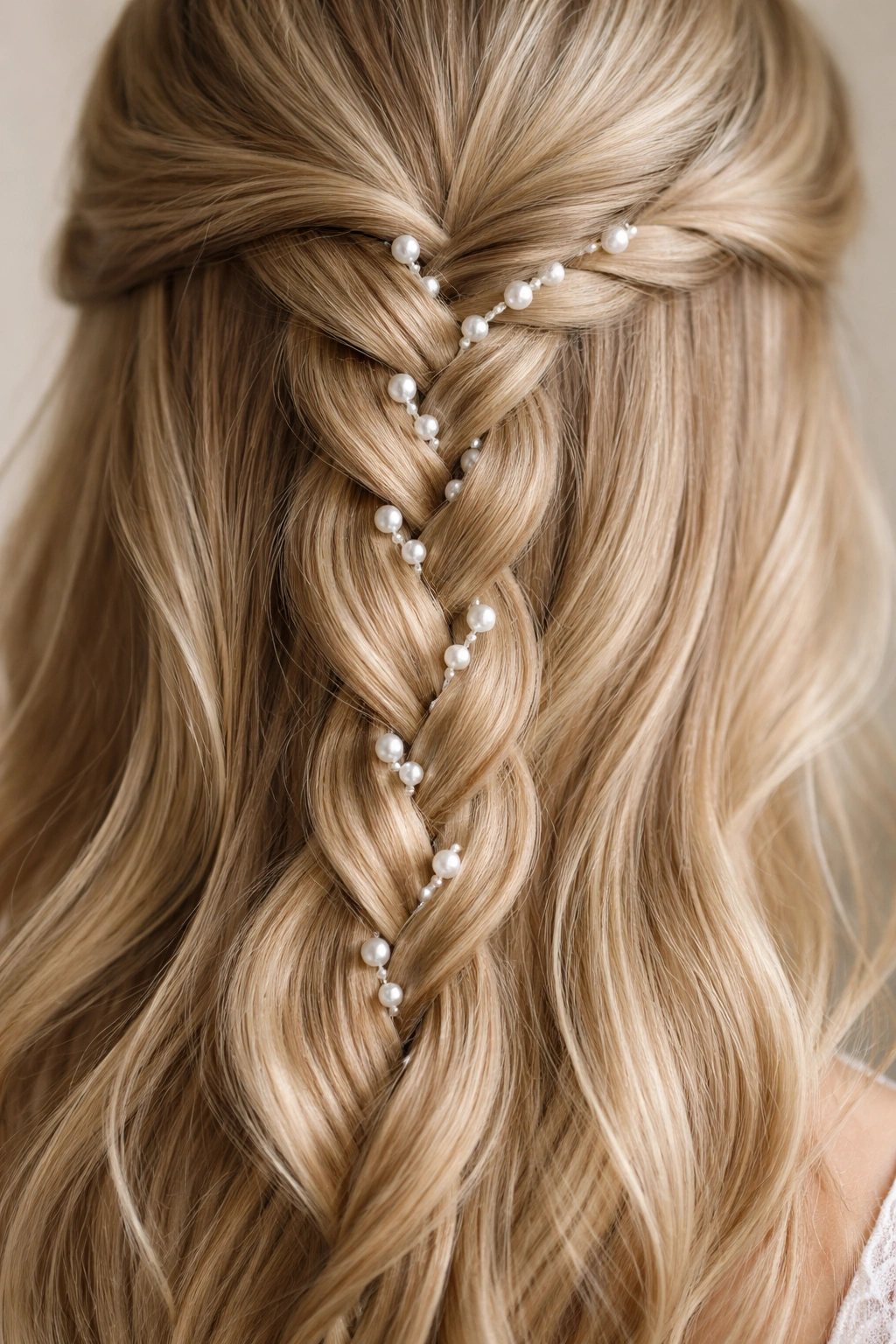 Macro close-up of a pearl-threaded braid on fine hair