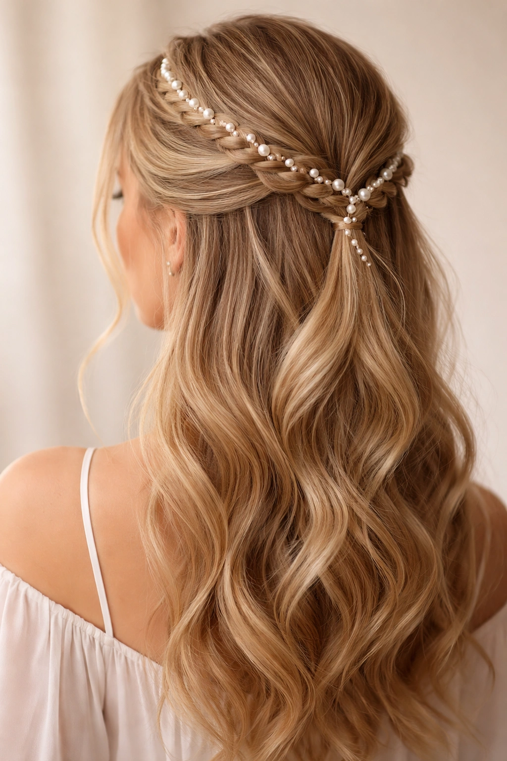 Close-up of a pearl-threaded French braid gathered at the crown with loose waves