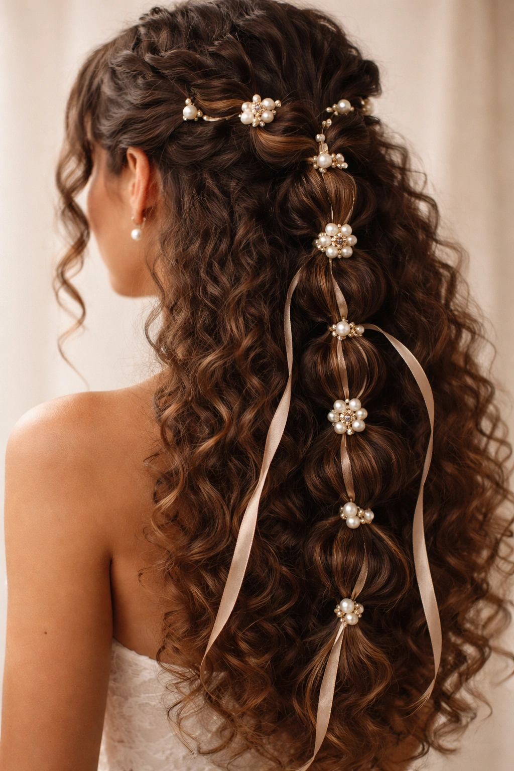 Close-up of a curly bubble braid with pearl clusters, cuffs, and ribbons woven through the bubbles
