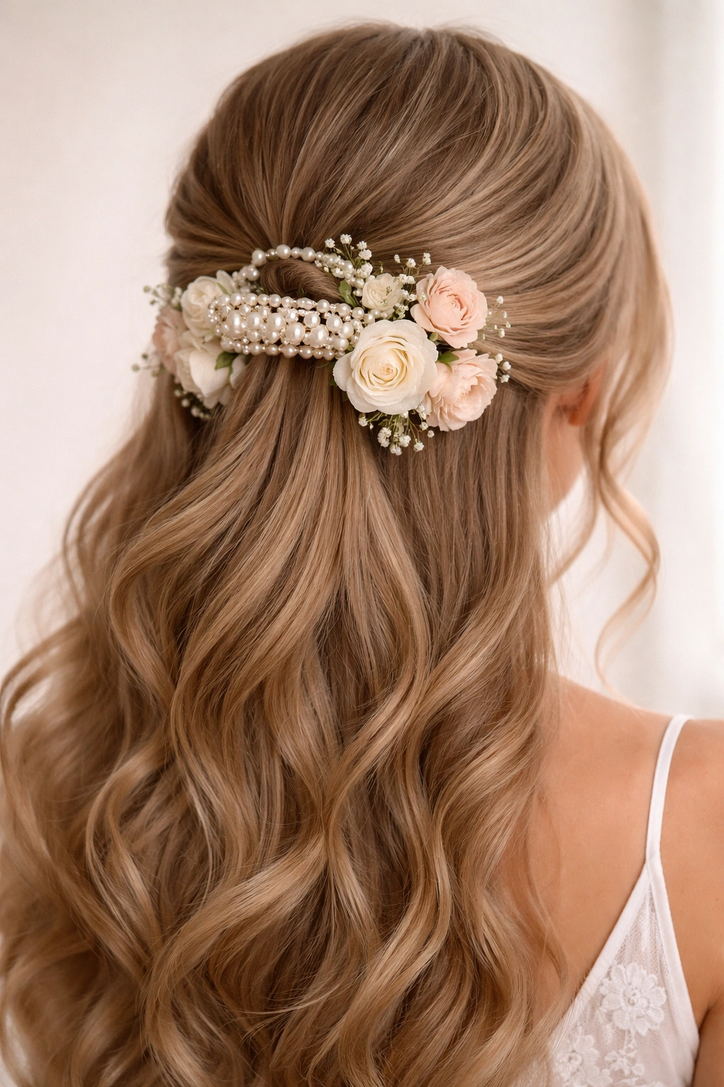 Half-up hairstyle with pearl-encrusted clip and pale roses