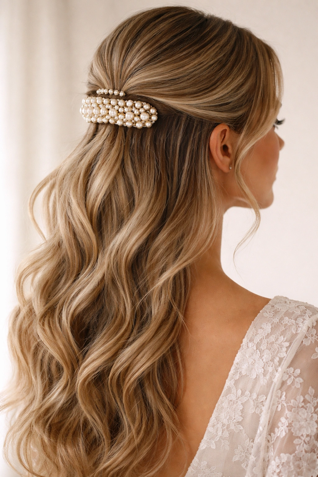 Hair secured by a pearl-embellished claw clip with soft waves
