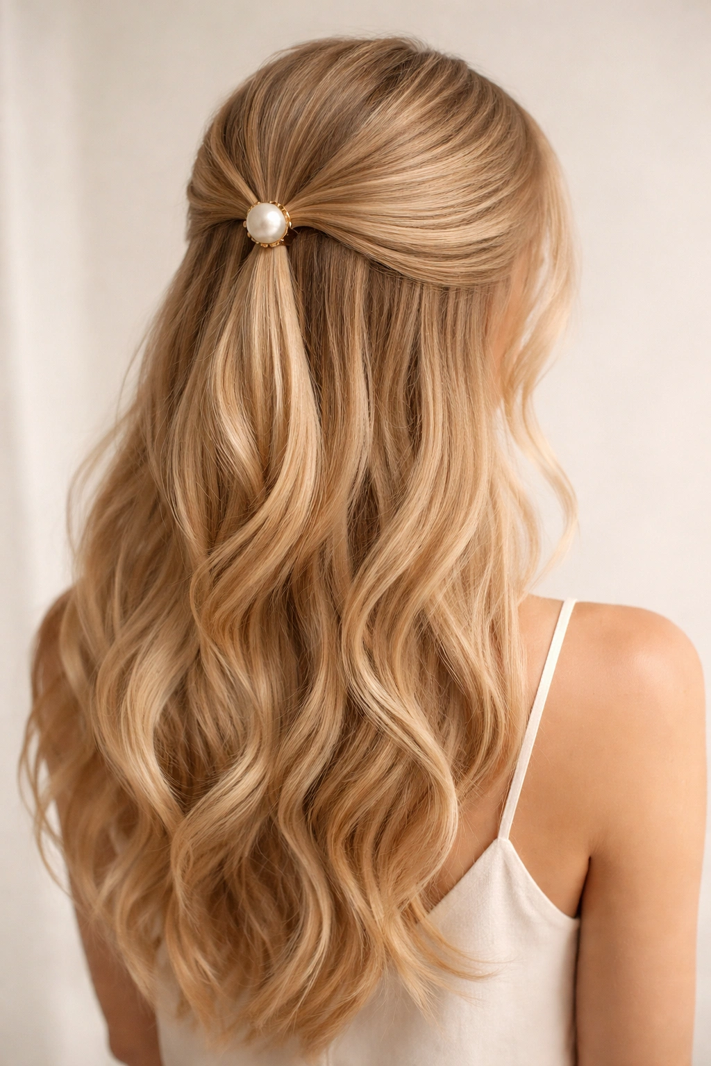 Back view of blonde hair in a minimalist half-up secured by a single pearl clip