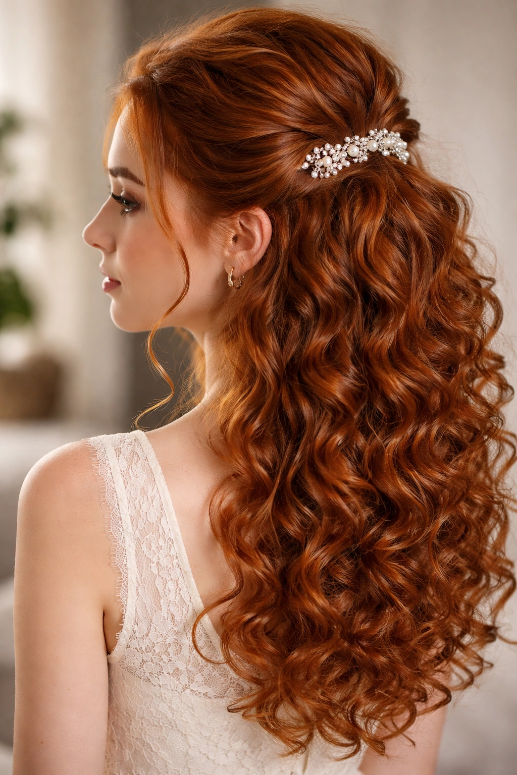 Half-up hairstyle secured with pearl clip on curly red hair