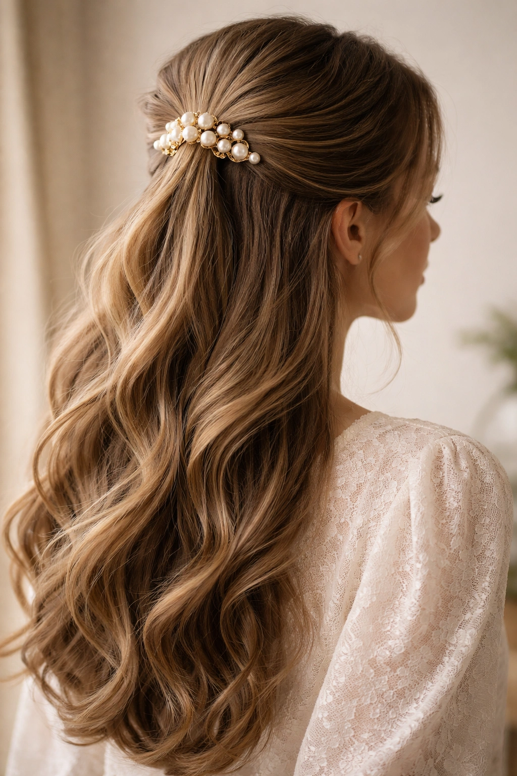 Half-up hairstyle with decorative pearl clip on crown