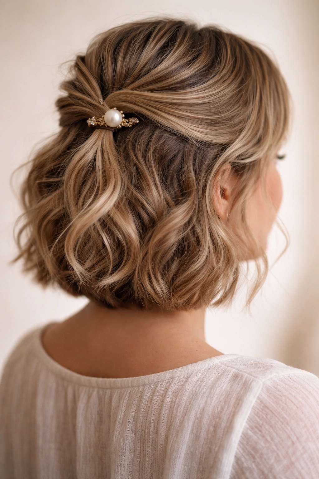 Short wavy hair with a textured twist secured by a pearl clip