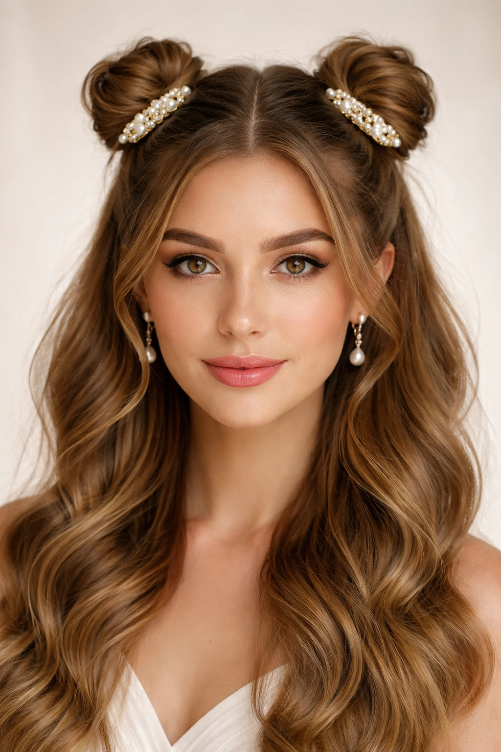 Twin half-up buns with pearl-studded clips above wavy hair